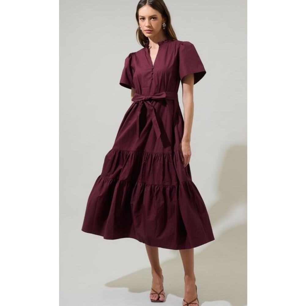 Baltic Born Providence Cotton S/S Midi Dress Wine V-Neck Size Small NWT